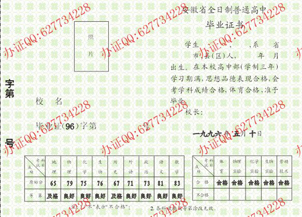 安徽省1996年高中毕业证样本